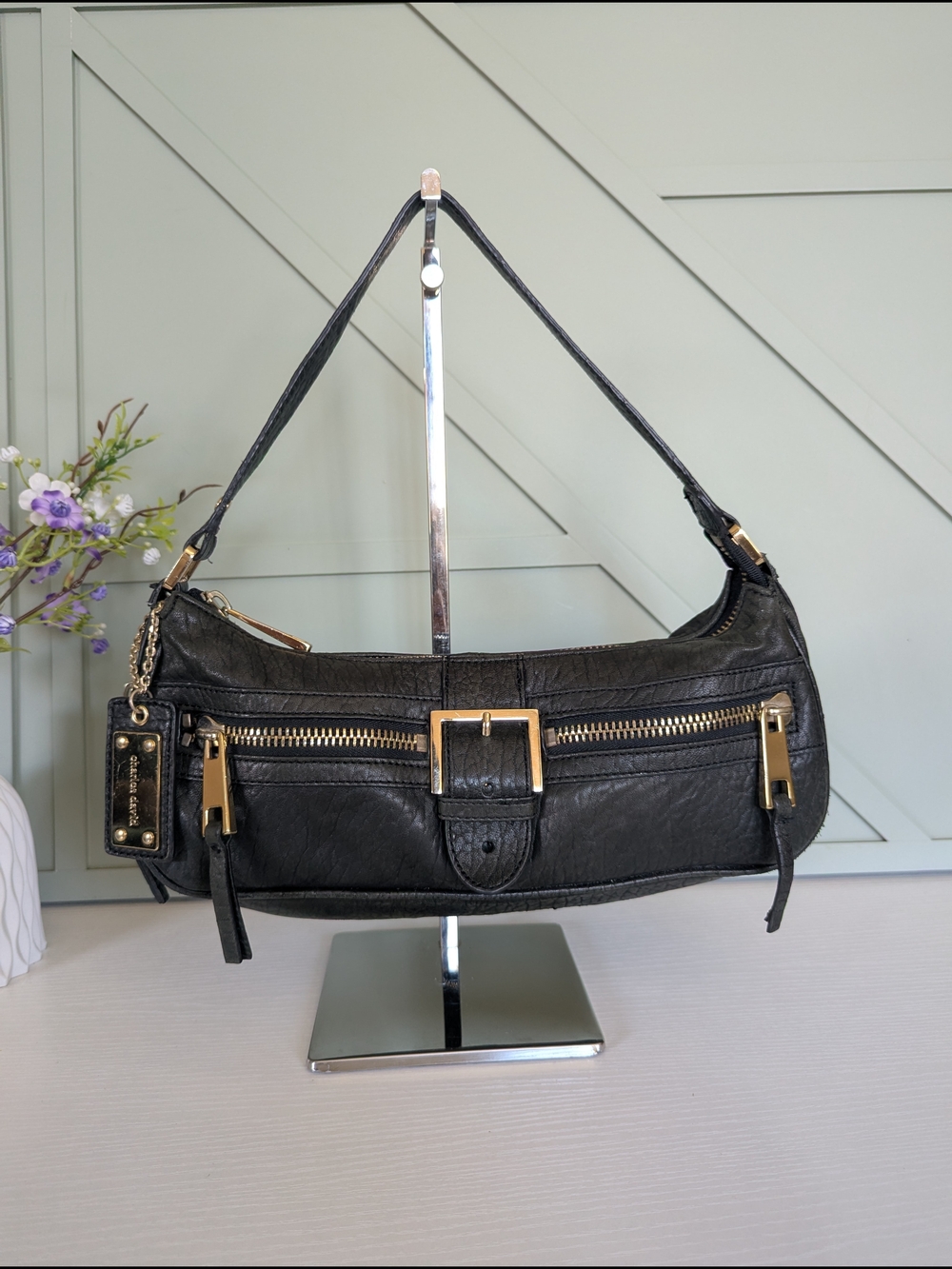 Charles David Vintage Black Leather Shoulder Bag with Gold Hardware